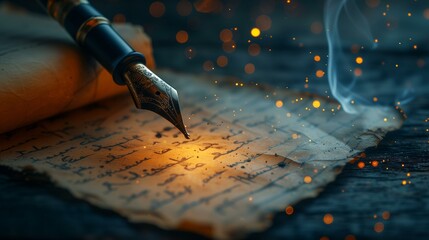 An antique quill pen resting on old parchment, illuminated with ethereal sparks.