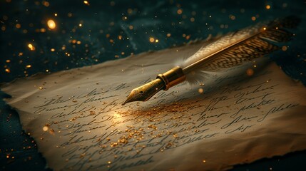 A golden quill pen on old paper, aglow with warm sparks. - obrazy, fototapety, plakaty