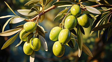 Green Olives on a branch of an Olive Tree - obrazy, fototapety, plakaty