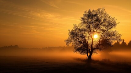 Fototapeta na wymiar A lone tree silhouetted against a foggy sunrise in a serene landscape