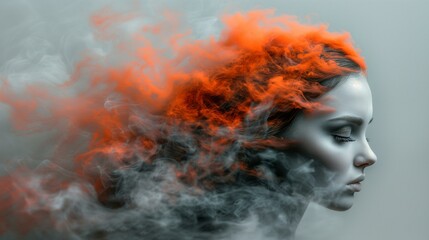 A monochrome portrait of a woman with a dramatic smoky orange effect surrounding her
