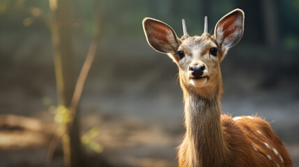 Fototapeta premium Indian hog deer stands alone. It is a small deer. It gets its name from the hog-like manner in which it runs through the forests with its head hung