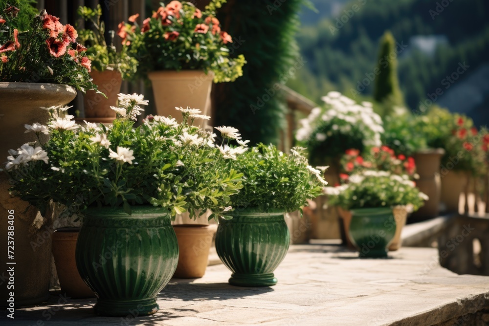 Poster a row of potted plants sitting on a ledge. can be used to add a touch of greenery and life to any in