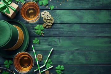 St. Patricks Day Table With Green Hat and Shamrocks - obrazy, fototapety, plakaty