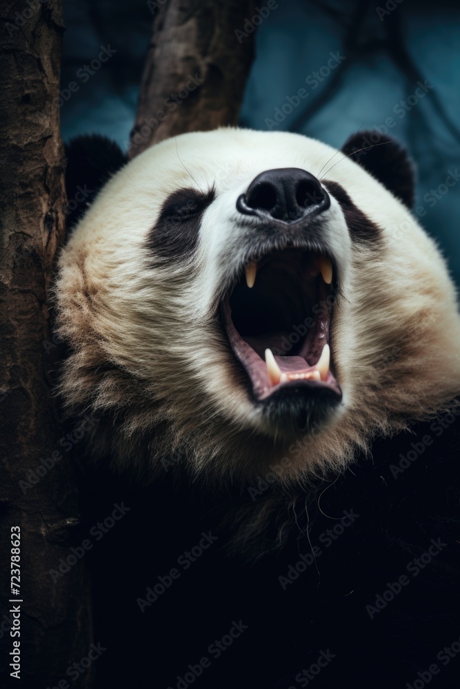 Leinwandbilder A close-up view of a panda bear with its mouth open. This image can be used to depict the unique features and expressions of pandas