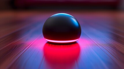 A translucent orb with iridescent hues on a holographic surface.