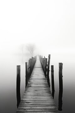 A long wooden pier stretching out into a foggy lake. Perfect for capturing the mysterious and serene beauty of nature. Ideal for travel brochures, website backgrounds, and landscape photography