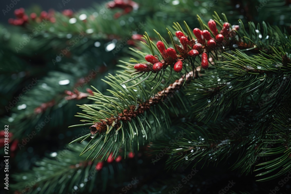 Aufkleber A close-up view of a pine tree with vibrant red berries. Perfect for adding a touch of nature to any project