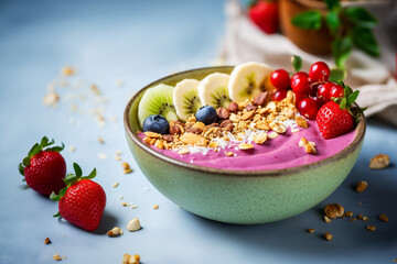 Vibrant smoothie in bowl with crunchy nuts and berries. Perfect fusion of wholesome and indulgent elements in single nutritious vegan dish