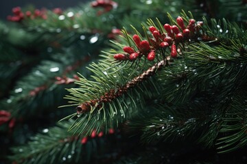 A close-up view of a pine tree with vibrant red berries. Perfect for adding a touch of nature to any project