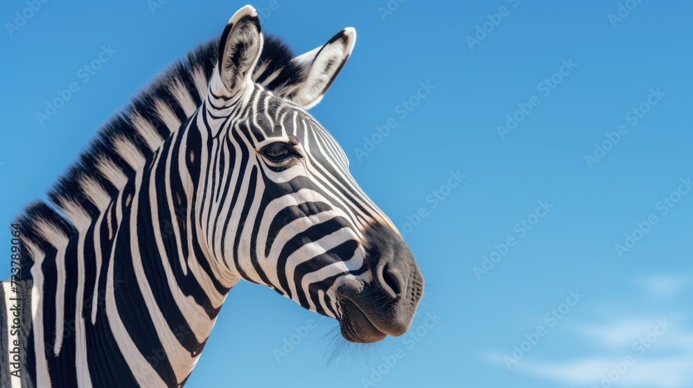 Aufkleber a detailed view of a zebra's face with its distinct black and white stripes against a vibrant blue s