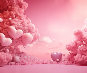 Pink background with heart and cute tree. Cute wallpaper. Love background, GenerativeAI