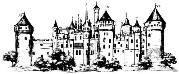 Medieval castle. Vector drawing, sketch - obrazy, fototapety, plakaty