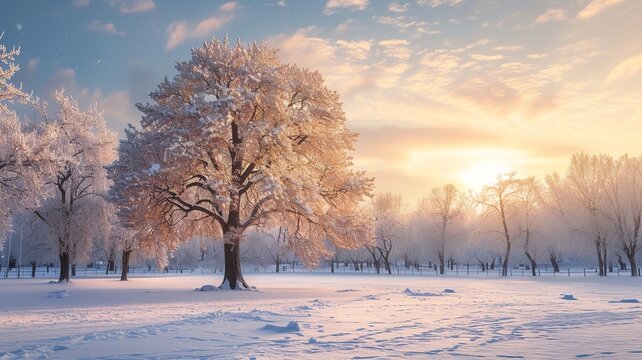a wonderful picture made by artificial intelligence of a winter and a beautiful landscape with a snowy tree