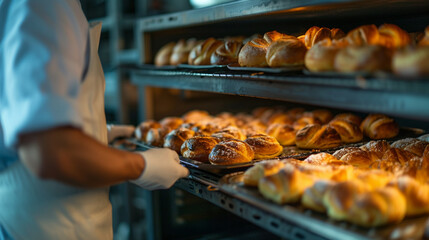 A baker pulling a tray of golden brown pastries from an industrial oven, bakery, dynamic and dramatic compositions, with copy space