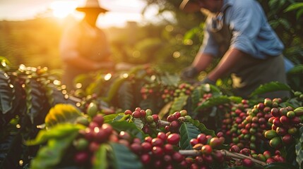 Farmers harvesting coffee beans - obrazy, fototapety, plakaty