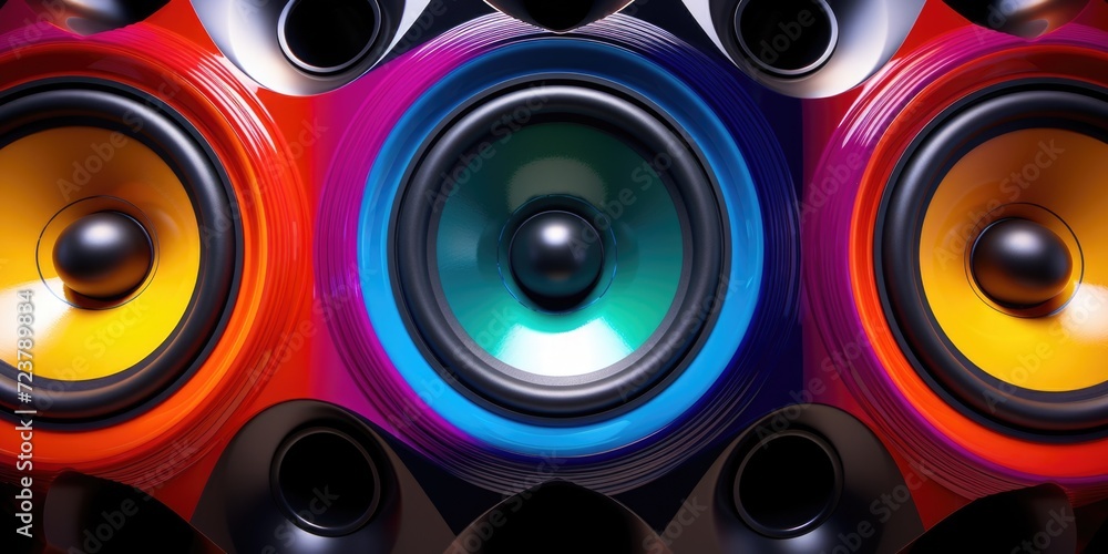 Poster a group of speakers arranged in a stack. suitable for audio equipment, sound systems, and music-rela