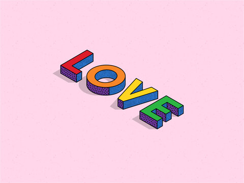 LOVE letters word art in retro 3D block text style, LGBT, rainbow colors