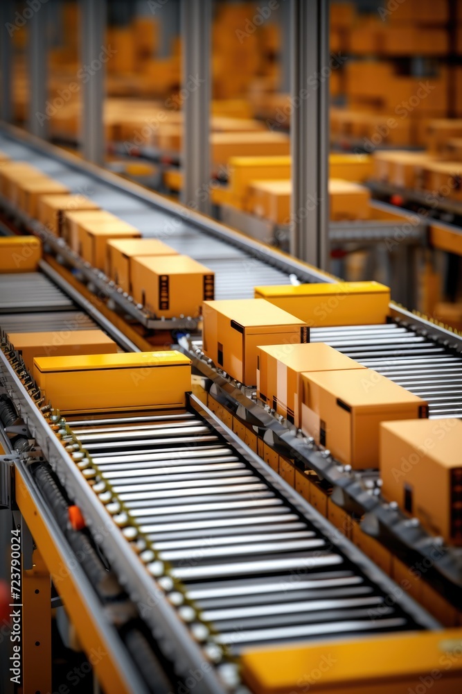 Poster a conveyor belt with boxes on it. can be used to depict a manufacturing or logistics process