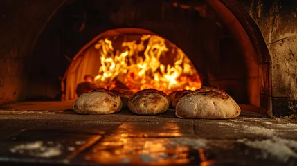 Gordijnen A high-contrast image of a wood-fired oven with bread baking inside, bakery, dynamic and dramatic compositions, with copy space © Катерина Євтехова