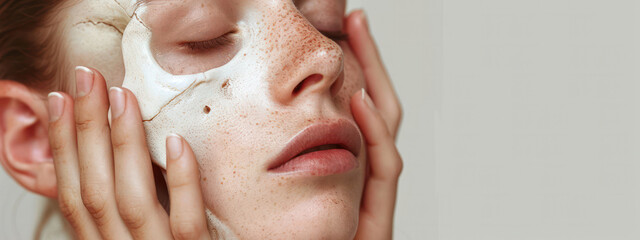 Naklejka premium Beauty in Clean, Fresh Serenity: Young Woman’s Attractive Facial Skincare Treatment with Clay Mask, Relaxation at Home