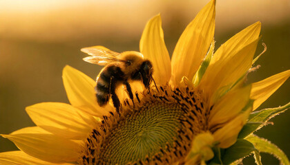 Close-up of a bee sitting on a sunflower flower, an insect on the flower - obrazy, fototapety, plakaty