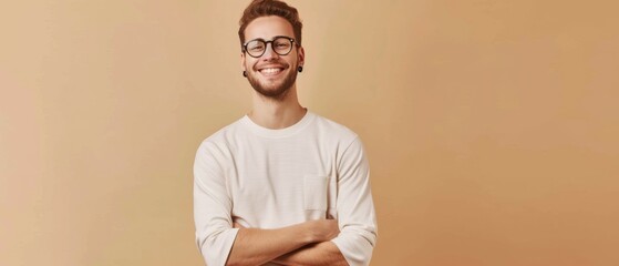 Portrait of happy man with curly hair smile toothily keeps arms down wears casual brown t shirt looks cheerful isolated over brown background being in good mood with copy space. Generative ai