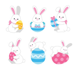Easter bunny. Modern egg, bunnies for kids. Rabbit or hare, spring festive animal. Cute cartoon holiday vector illustration. Character design.
