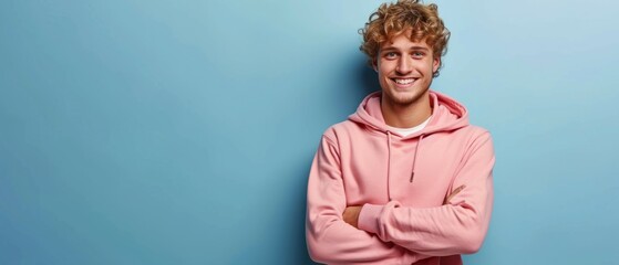 Portrait of happy man with curly hair smile toothily keeps arms down wears casual pink hoodie looks cheerful isolated over blue background being in good mood with copy space. Generative ai - obrazy, fototapety, plakaty
