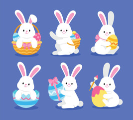 Easter bunny. Modern egg, bunnies for kids. Rabbit or hare, spring festive animal. Cute cartoon holiday vector illustration. Character design.