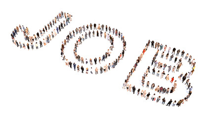 Concept  or conceptual large community of people forming JOB word. 3d illustration metaphor for work, human resources, employment, recruitment, career, opportunity, team, management and professional