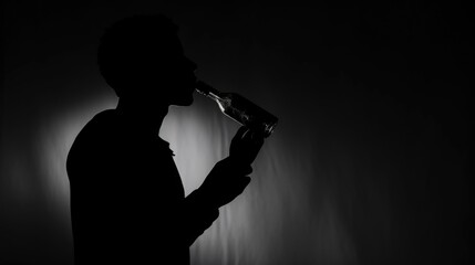 A man is depicted drinking from a bottle in a dark setting. This image can be used to illustrate concepts such as addiction, solitude, or nighttime activities