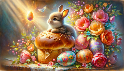 A Whimsical Easter-Themed Artwork with a Bunny, Decorated Eggs, and Luminous Florals