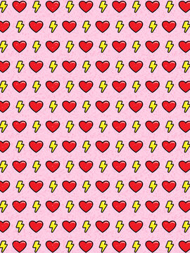 Heart pattern background - hearts and lightning bolts in bold, retro style