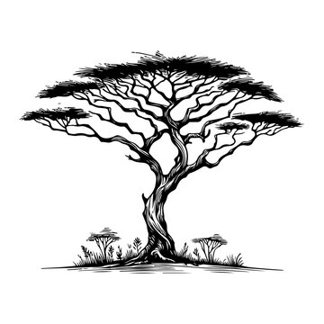Black silhouettes of african trees on white background. Isolated savannah nature. Forest landscape of Africa