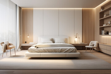 Fototapeta na wymiar İvory color minimal bedroom interior with bed and luxury decoration