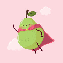 Cute superhero pear fruit flying in the sky