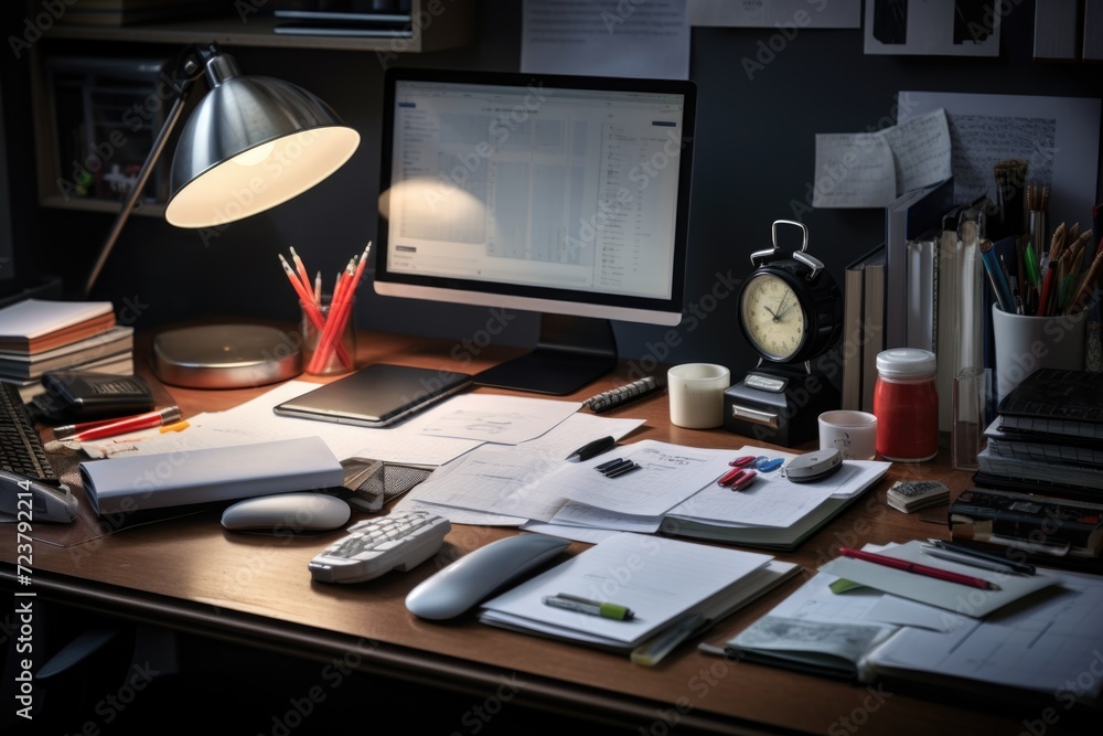 Aufkleber A cluttered desk with a computer monitor and a keyboard. Perfect for illustrating a busy workspace or a modern office setup