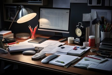 A cluttered desk with a computer monitor and a keyboard. Perfect for illustrating a busy workspace or a modern office setup