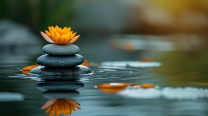 Zen stones, water lily, lotus symmetrically aligned against calm water. Self care, yoga training, fitness, breathing exercises, meditation, relaxation, healthy lifestyle, mindfulness concept