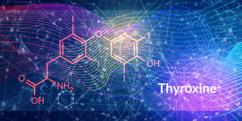 Thyroxine, T4 or levothyroxine thyroid hormone molecule. Prohormone of thyronine T3. Used as drug to treat hypothyroidism. Skeletal formula.