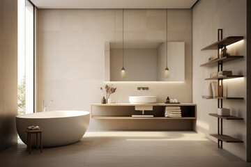 Fototapeta na wymiar İvory color spacious minimal design luxury decorated bathroom interior