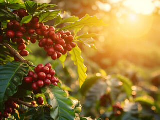 Coffee beans ripening on tree in the coffee plantation