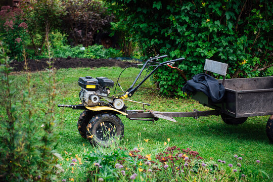 A mini hand-held tillerblock with a cart trolley for working in the garden and on the farm against the background of green bushes and lawns. Rural life, gardening and farm work