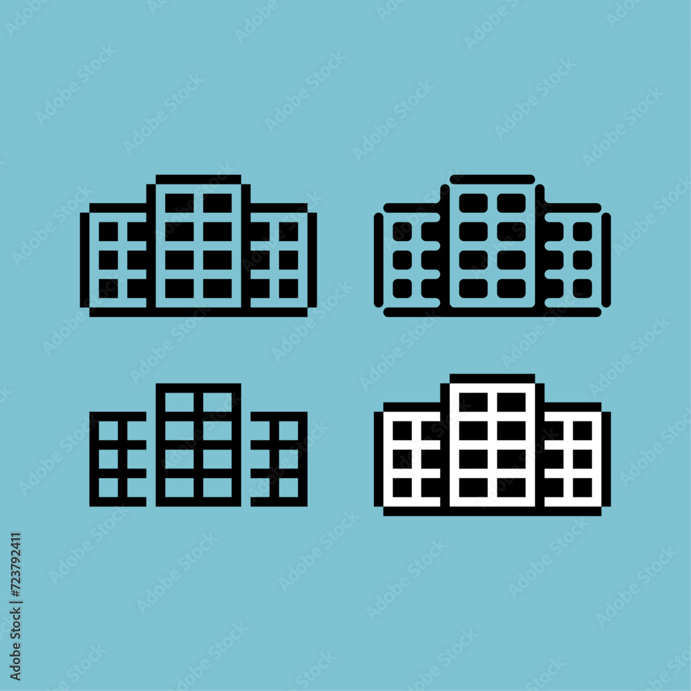 Poster pixel art outline sets icon of apartment house variation color.apart icon on pixelated style. 8bits 