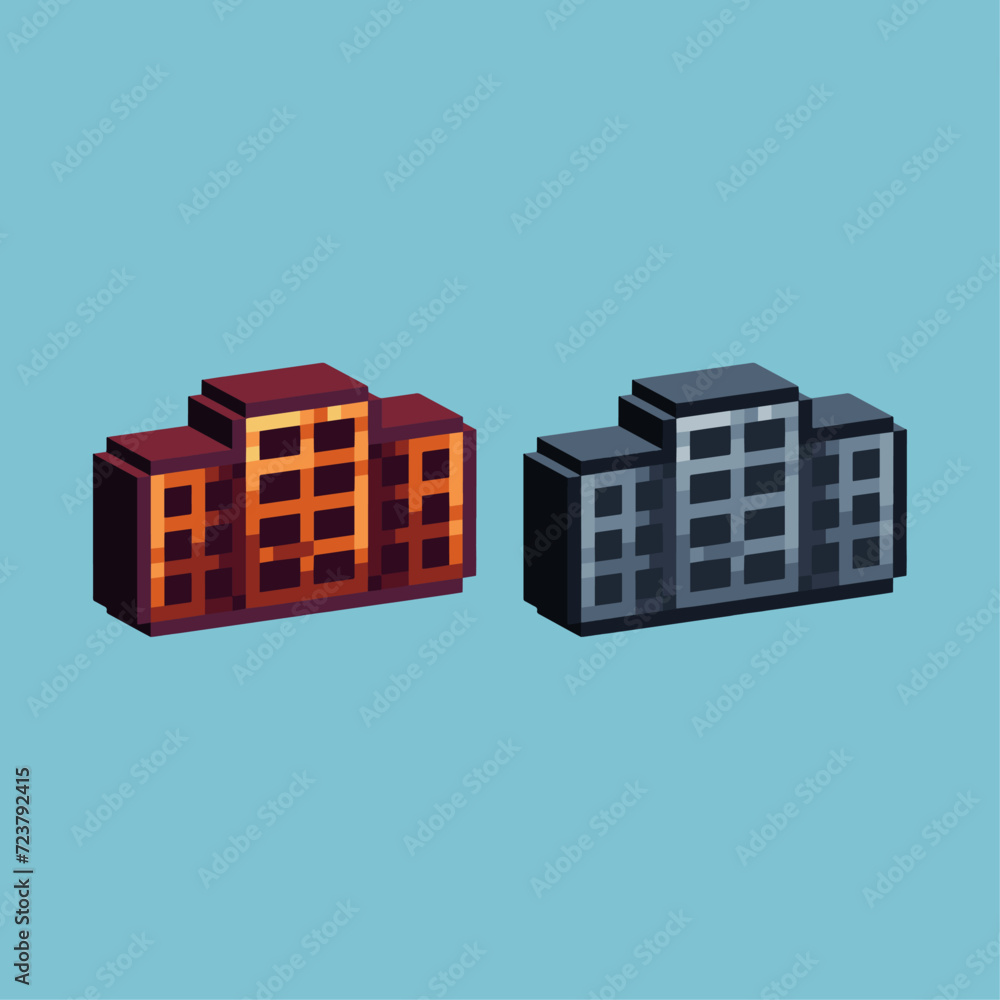 Poster isometric pixel art 3d of apartment icon for items asset. apartment house icon on pixelated style.8b