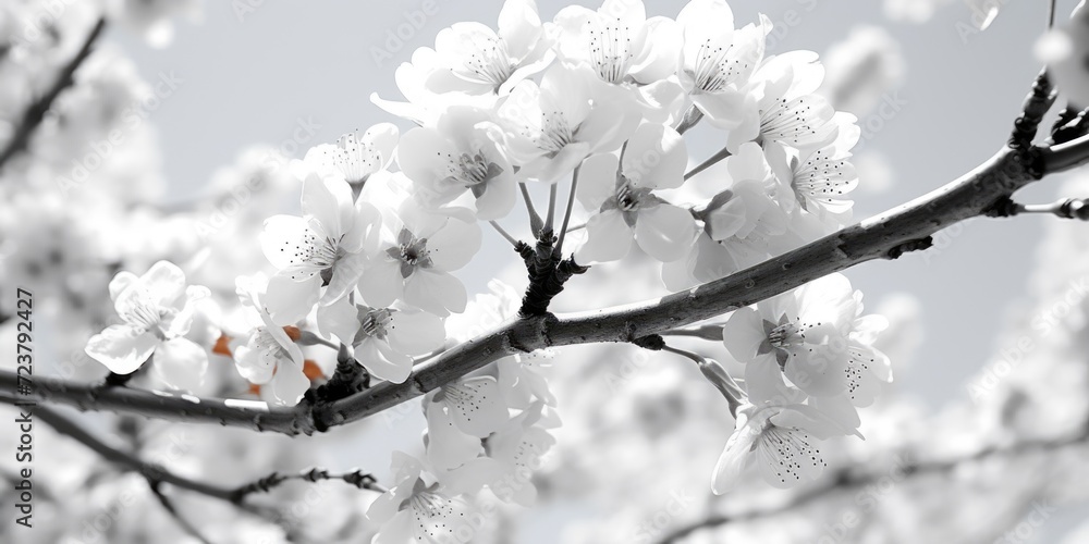 Poster a black and white photo capturing the beauty of a tree adorned with delicate white flowers. perfect 
