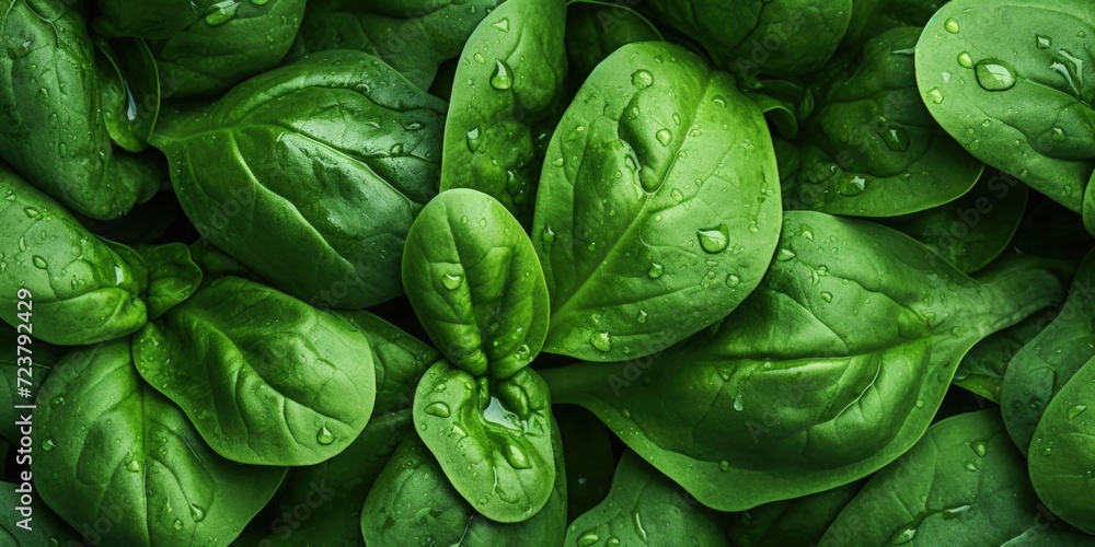Poster a close-up view of a bunch of fresh and vibrant spinach leaves. this image can be used to showcase t