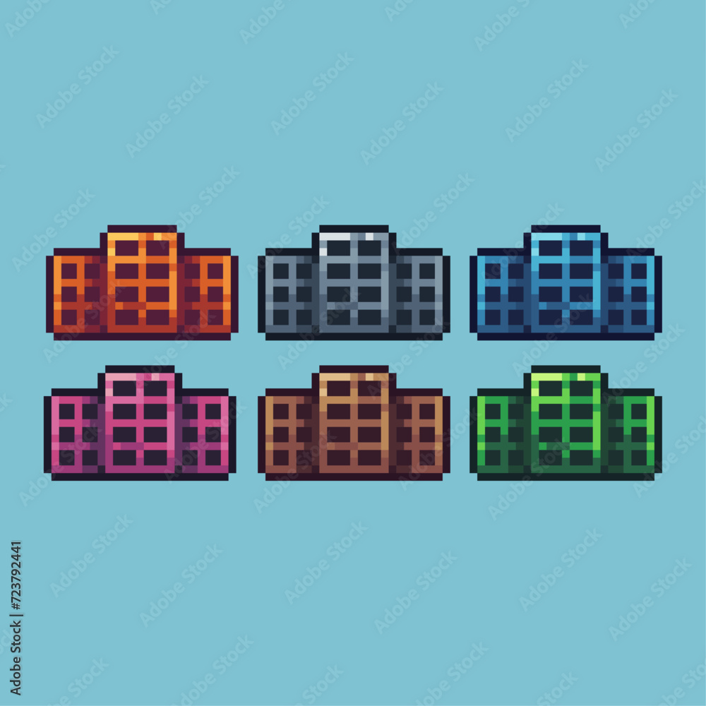 Poster pixel art sets icon of apartment house variation color.apart icon on pixelated style. 8bits perfect 