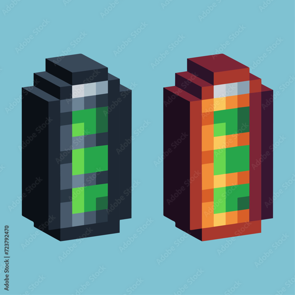 Poster isometric pixel art 3d of battery icon for items asset. battery phone icon on pixelated style.8bits 